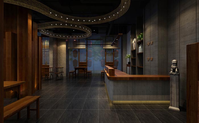 返璞歸真、回歸自然的健康飲食餐廳前臺大廳設(shè)計案例效果圖