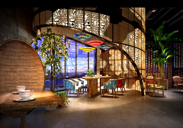 油紙傘主題餐廳餐區(qū)裝修設(shè)計效果圖