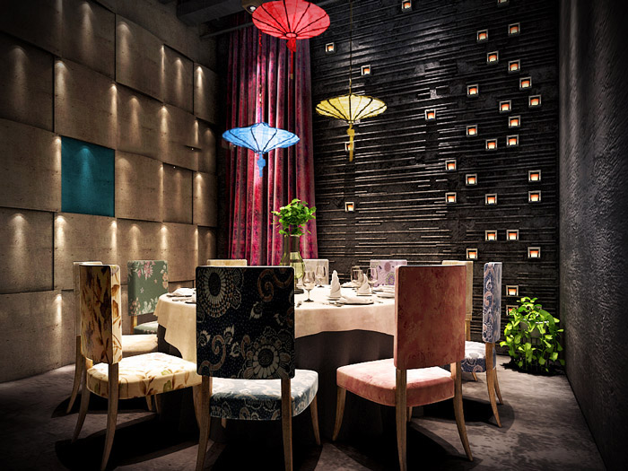 油紙傘主題餐廳包廂裝修設(shè)計效果圖